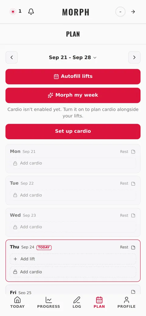 Morph Plan your week screen